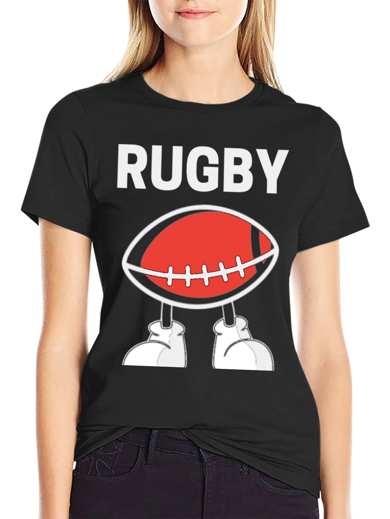 Rugby Football Cartoon T-Shirt - Black
