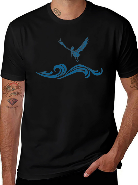 Black T-Shirt with Blue Bird and Wave Design