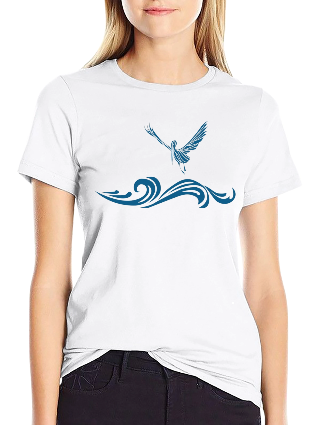 Black T-Shirt with Blue Bird and Wave Design