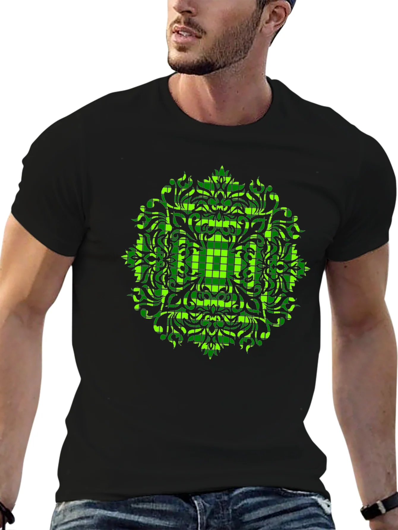 Geometric Green Mandala Graphic Black T-Shirt