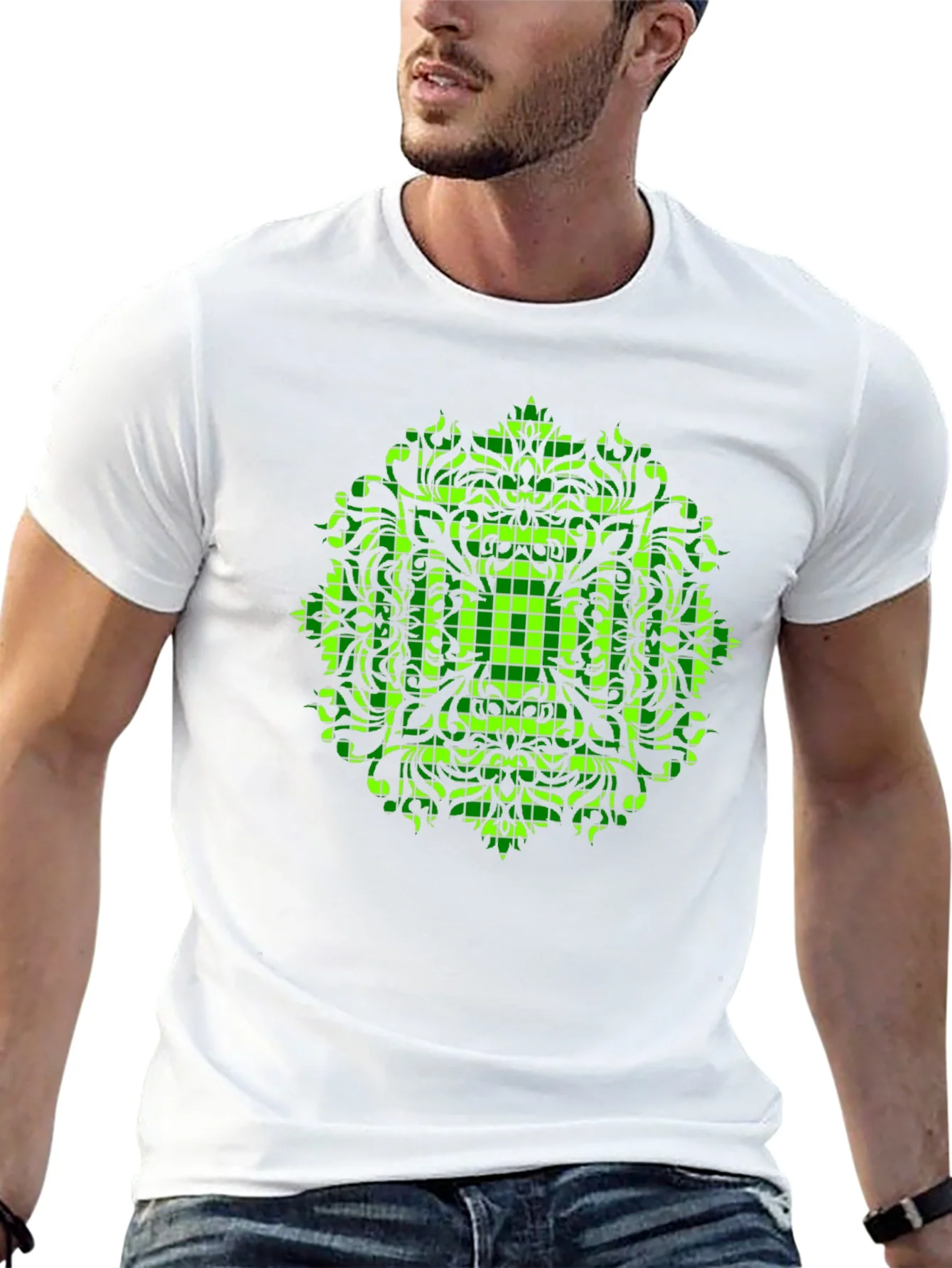 Geometric Green Mandala Graphic Black T-Shirt