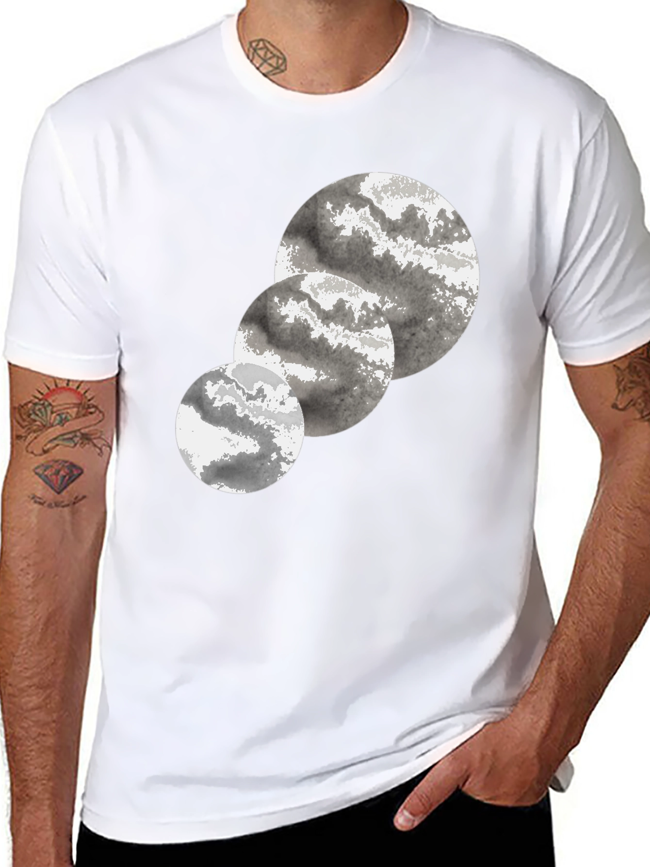 Abstract Three-Circle Graphic Tee - Black Cotton Casual T-Shirt