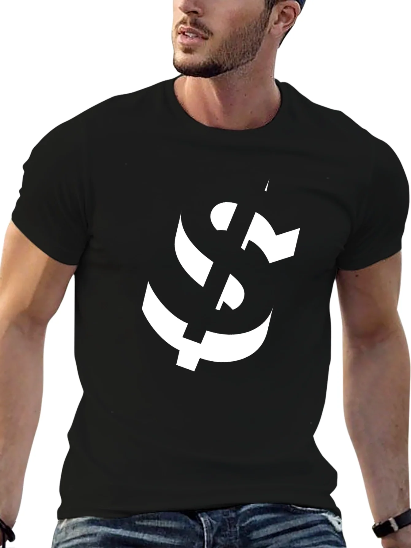 Modern Black T-Shirt with Abstract White Anchor Graphic