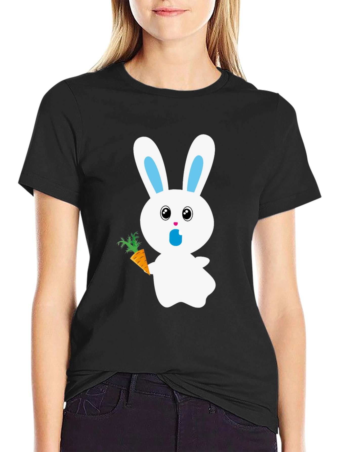 Bunny with Carrot Graphic Tee - Black Cotton T-Shirt