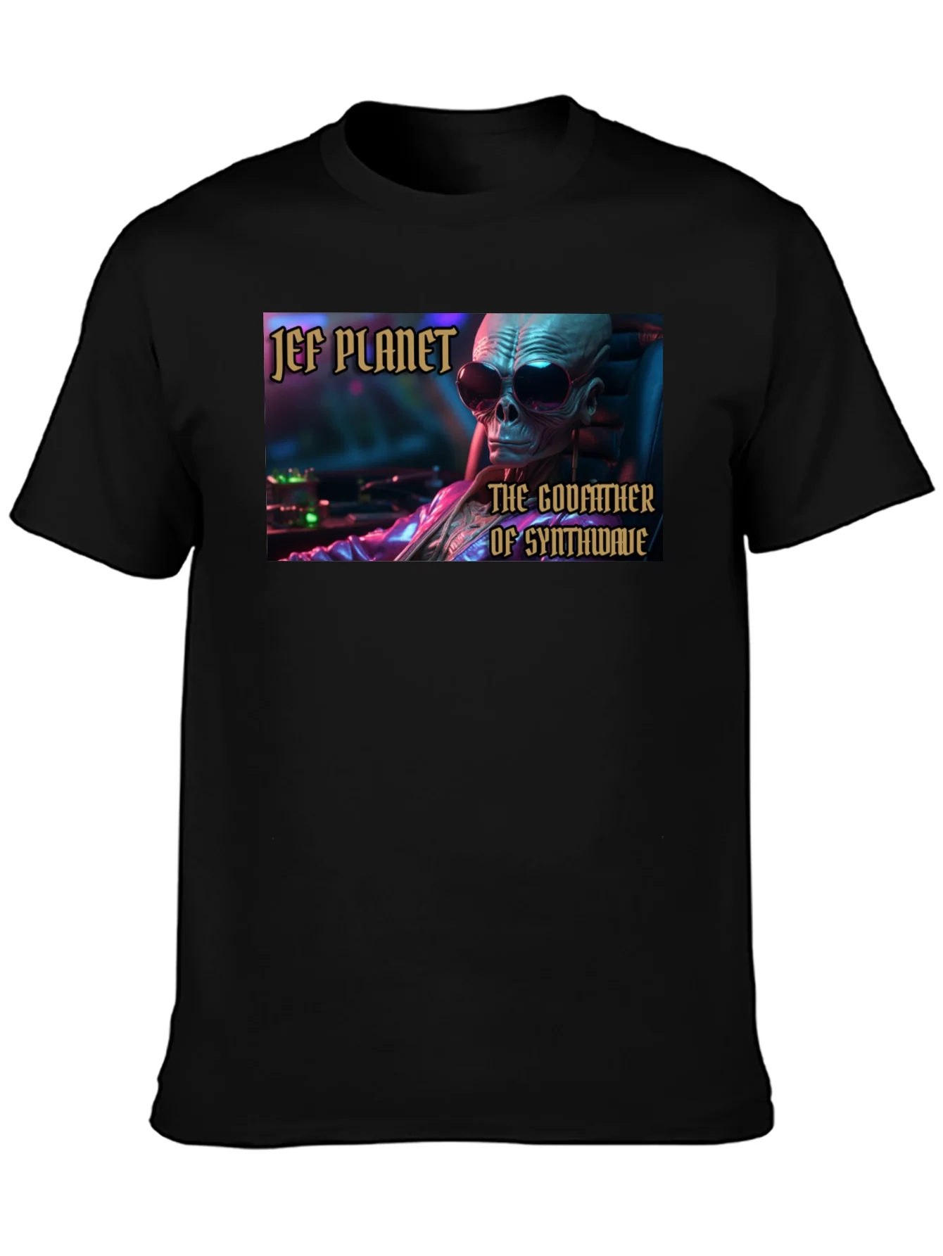 Jef Planet Godfather of Synthwave Black T-Shirt