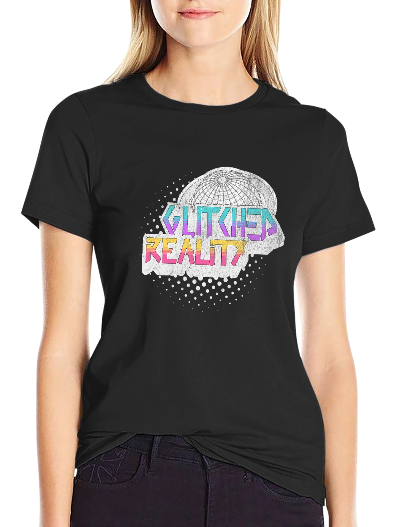 Glitched Reality Graphic Tee - Black Cotton Blend