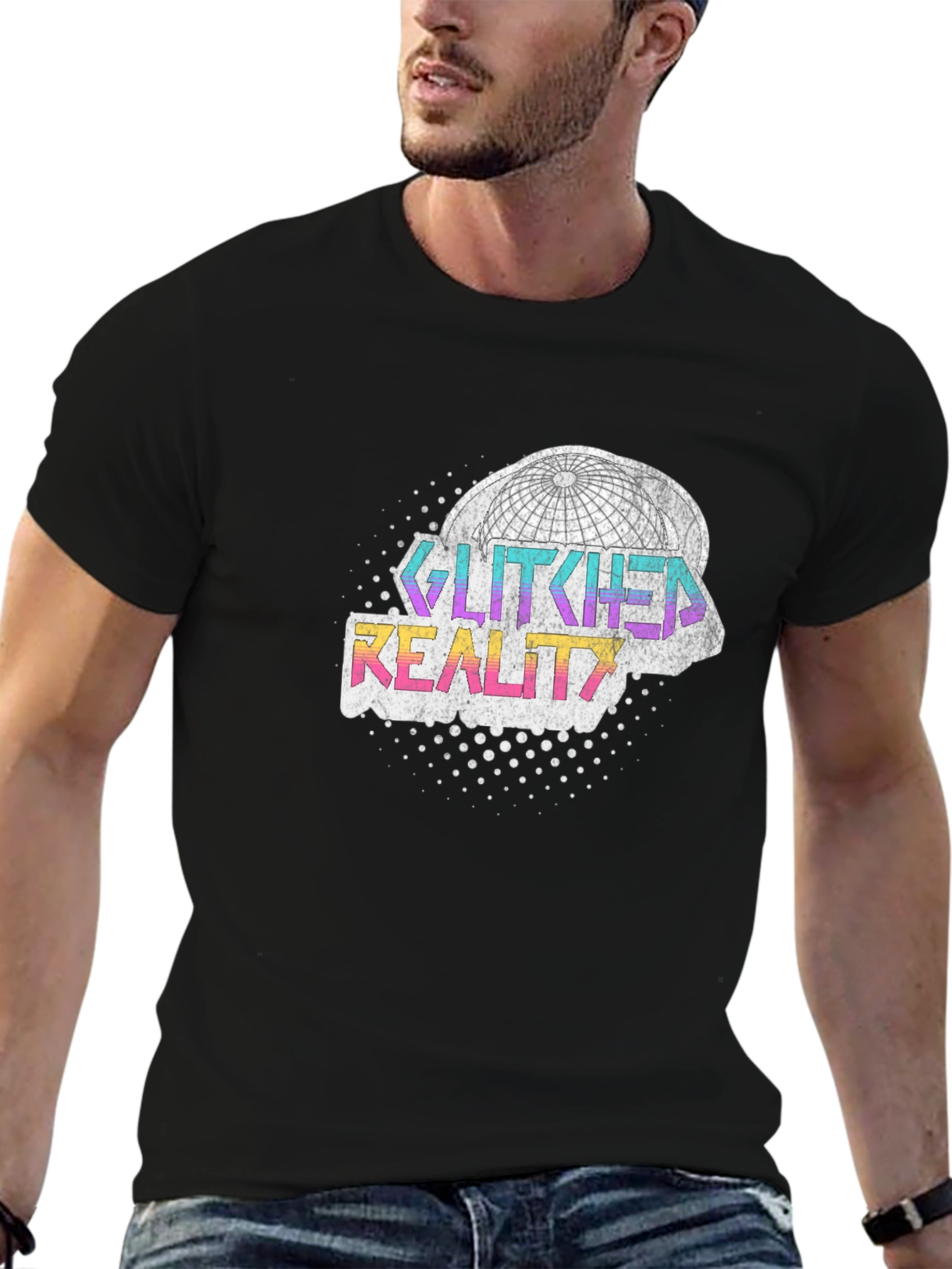 Glitched Reality Graphic Tee - Black Cotton Blend