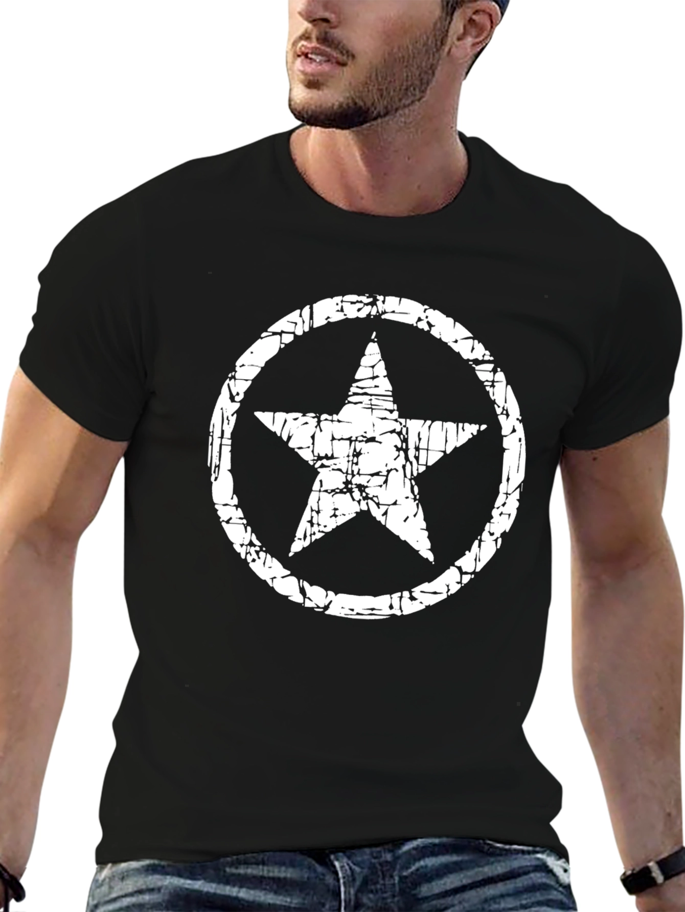 Distressed Star Circle Graphic Black T-Shirt