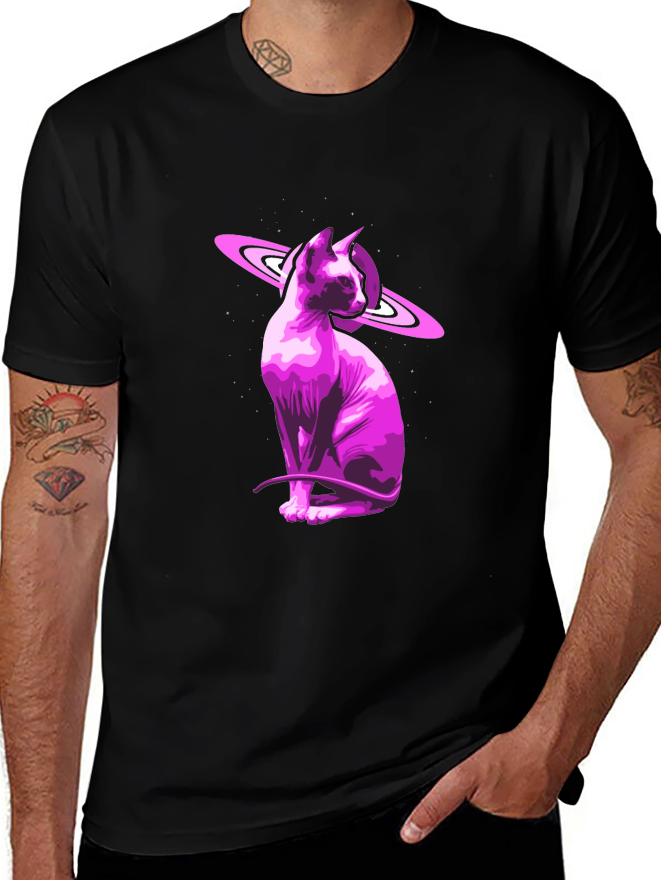 Cosmic Sphynx Cat Graphic Tee - Black