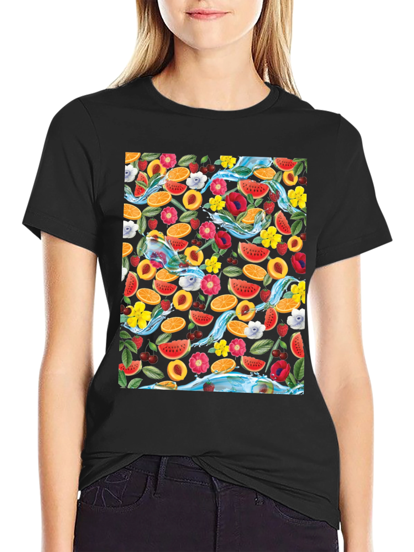 Fruit & Floral Print Black T-Shirt