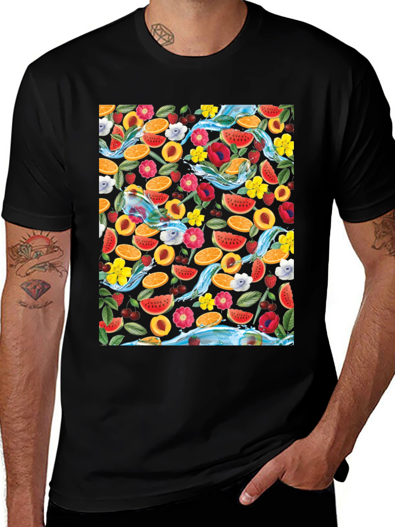 Fruit & Floral Print Black T-Shirt