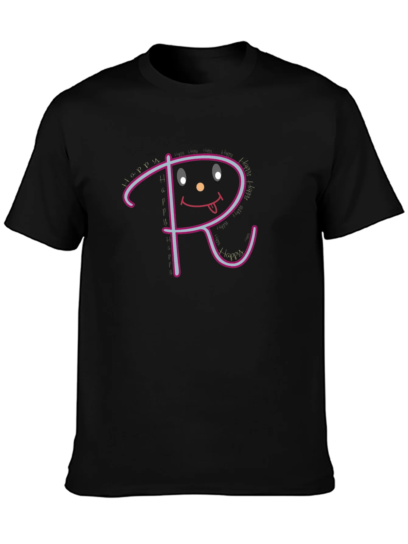 Happy Face Initial R Graphic Black T-Shirt