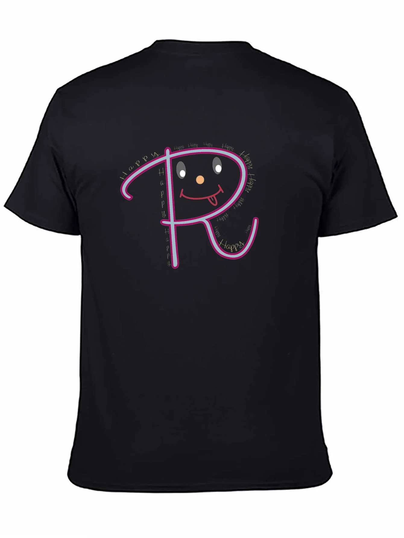 Happy Face Initial R Graphic Black T-Shirt