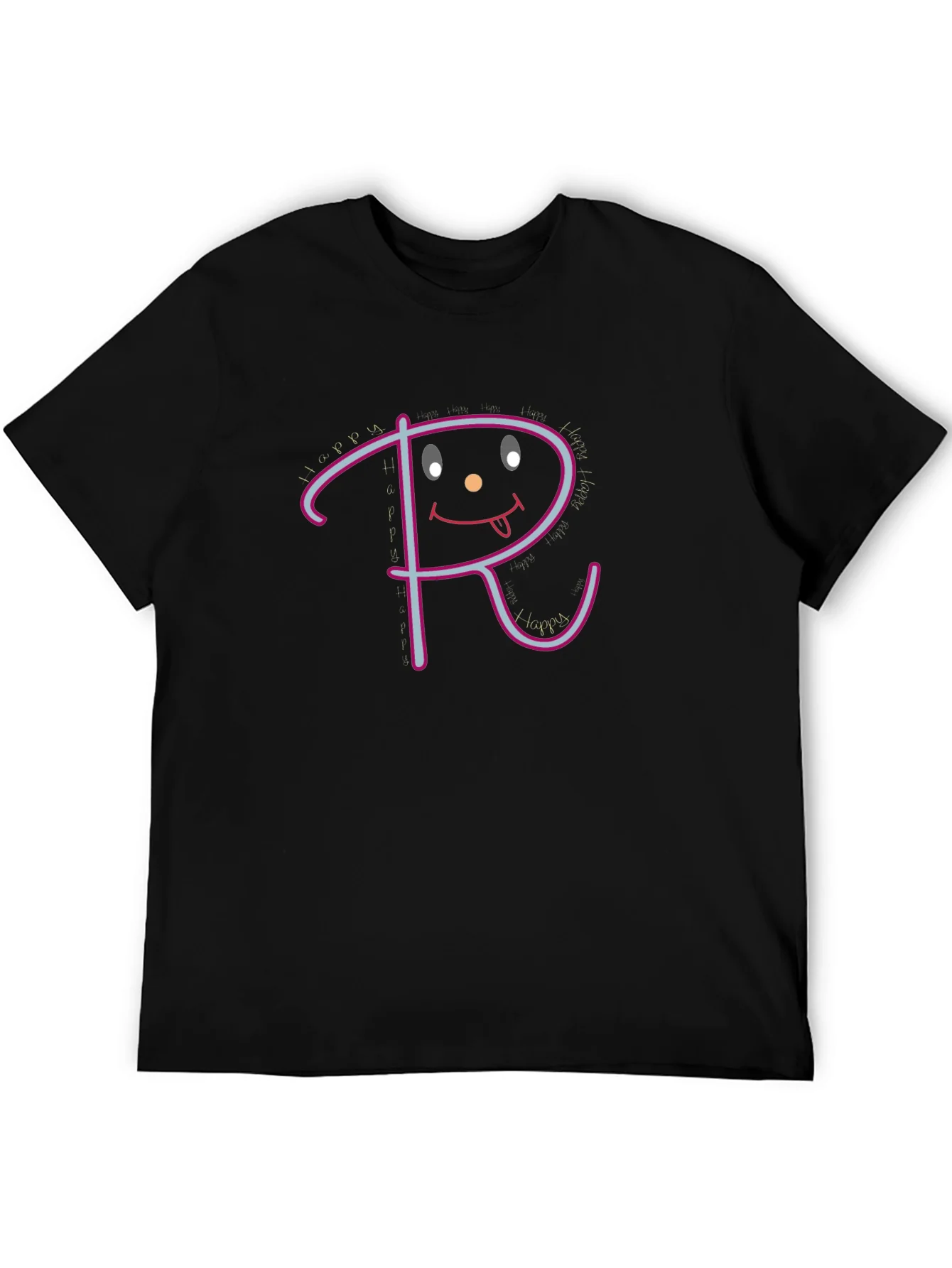 Happy Face Initial R Graphic Black T-Shirt