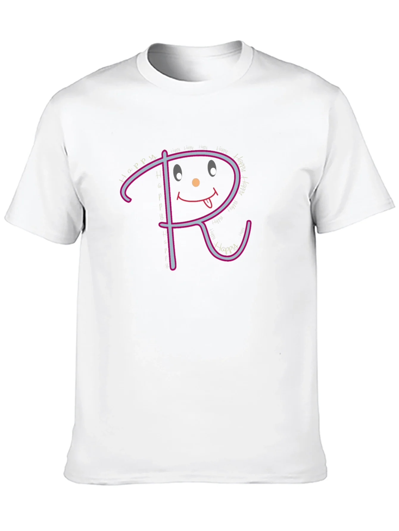 Happy Face Initial R Graphic Black T-Shirt