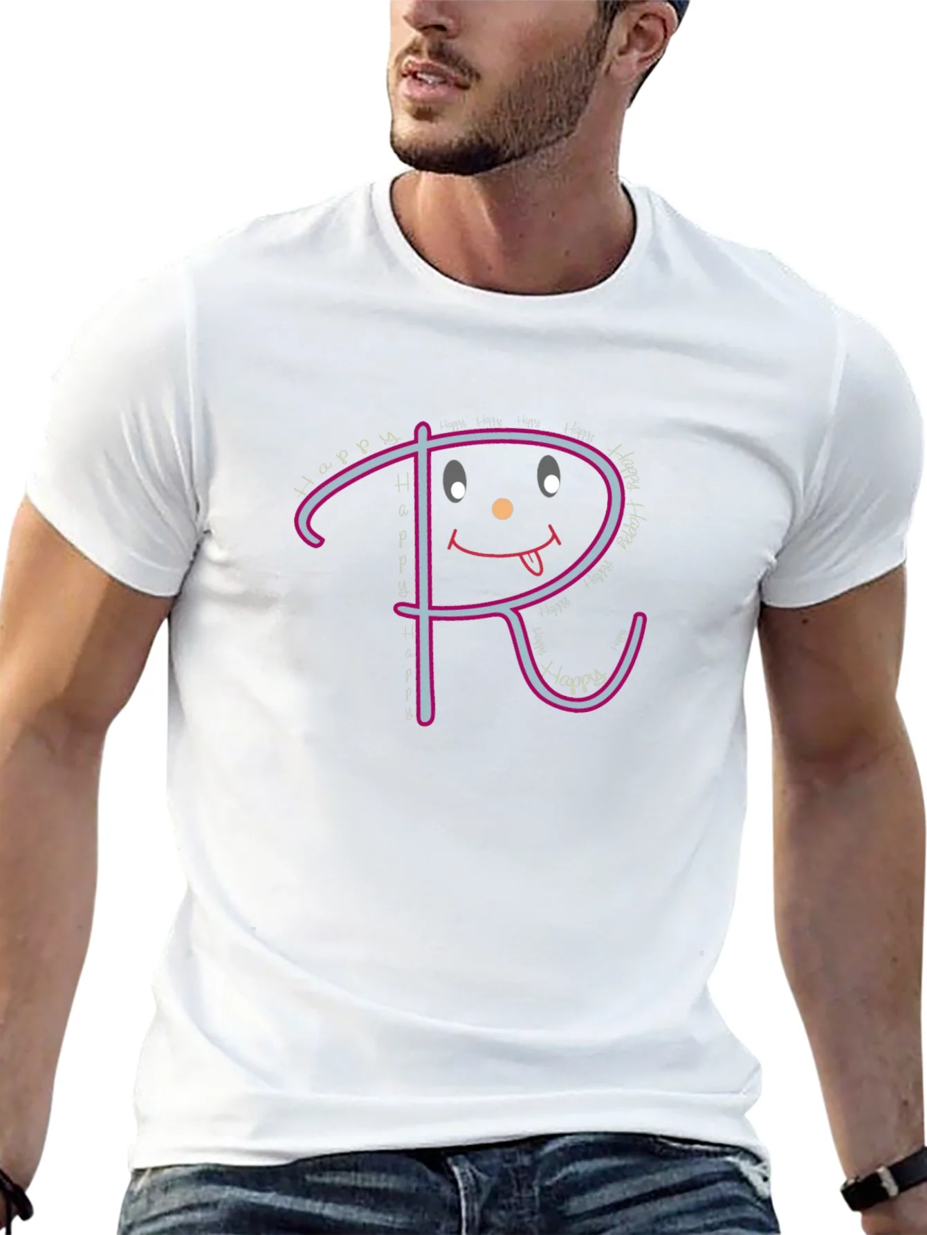 Happy Face Initial R Graphic Black T-Shirt