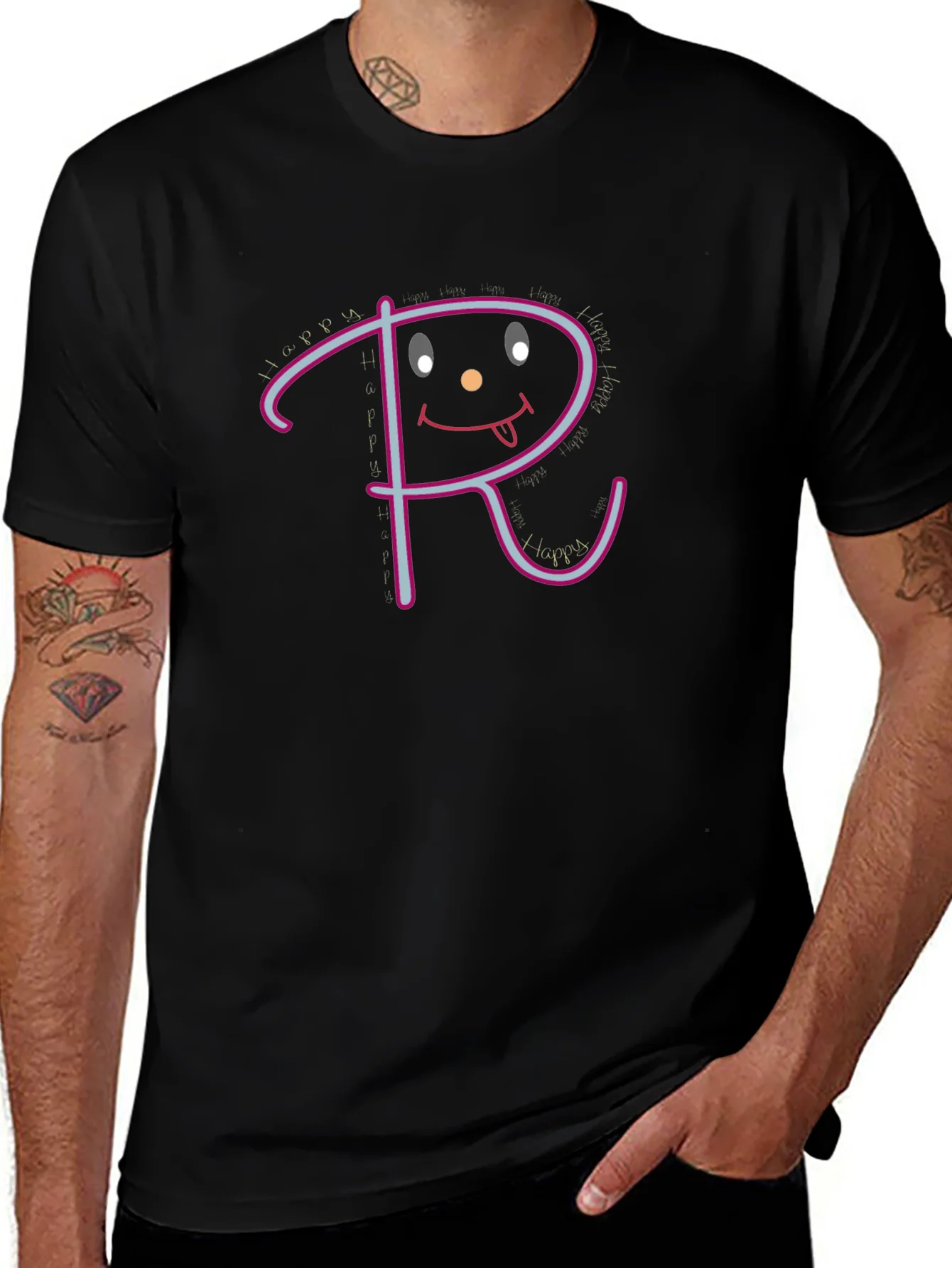 Happy Face Initial R Graphic Black T-Shirt