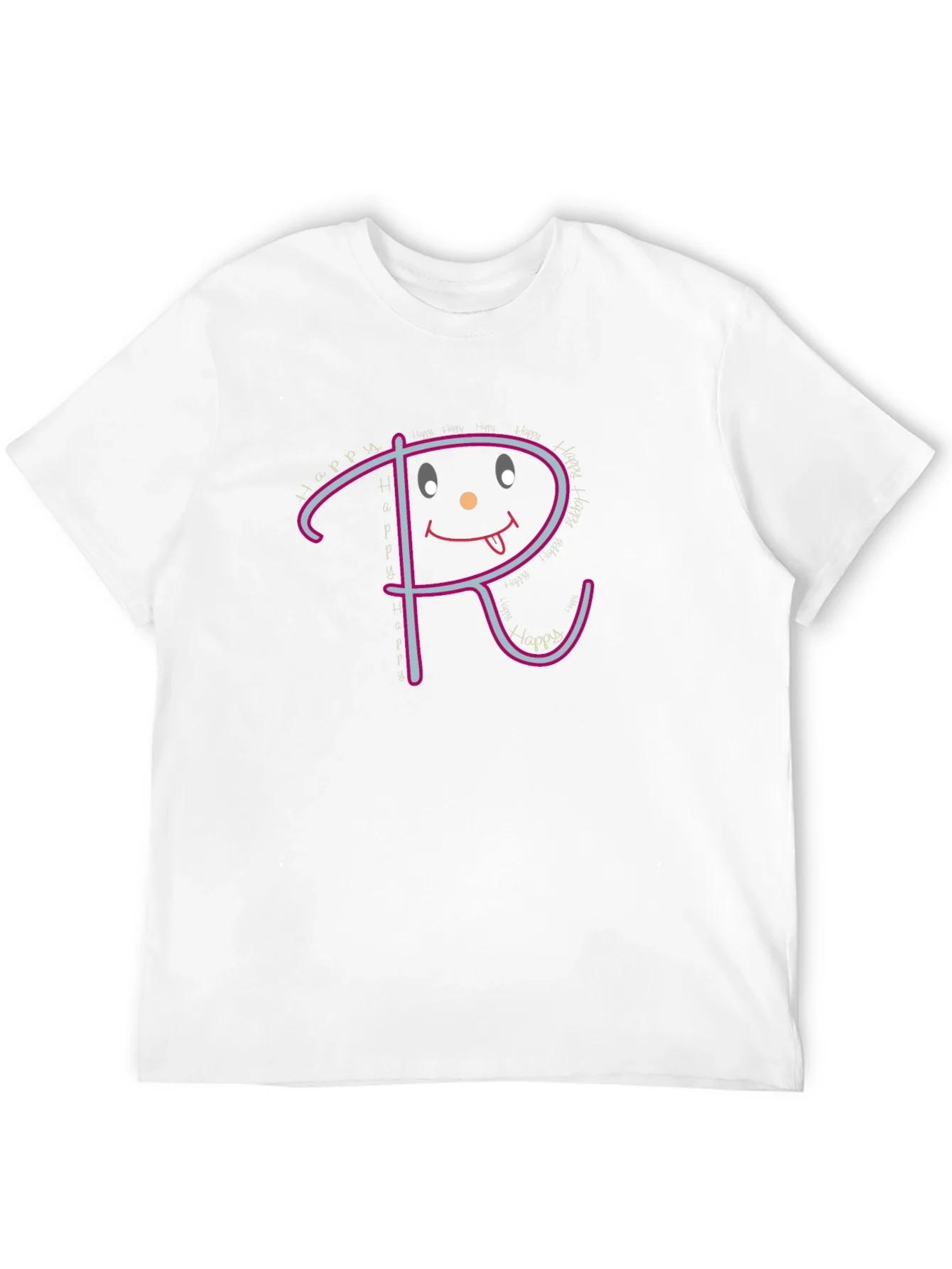 Happy Face Initial R Graphic Black T-Shirt