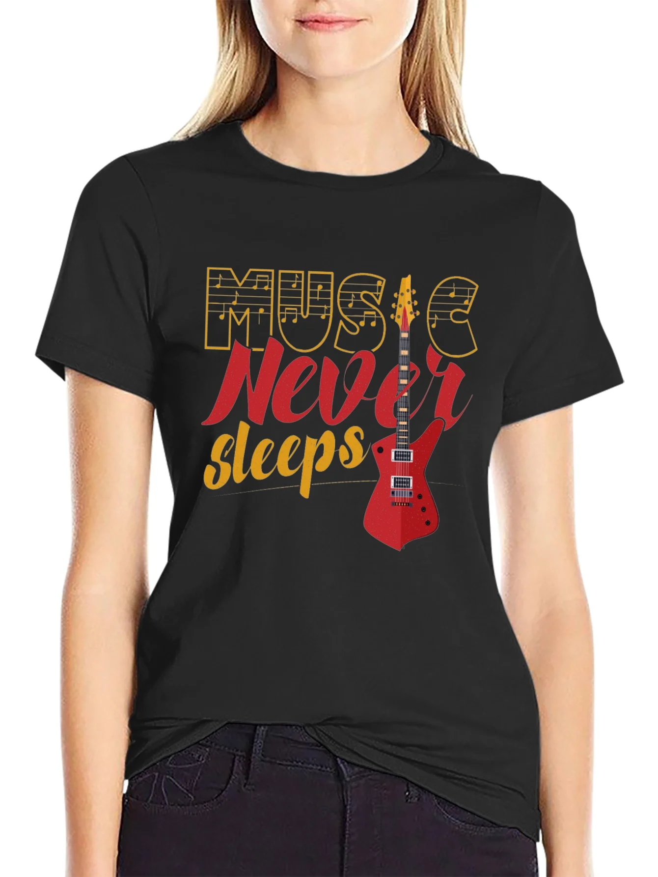 Music Never Sleeps Graphic Tee - Black Cotton T-Shirt