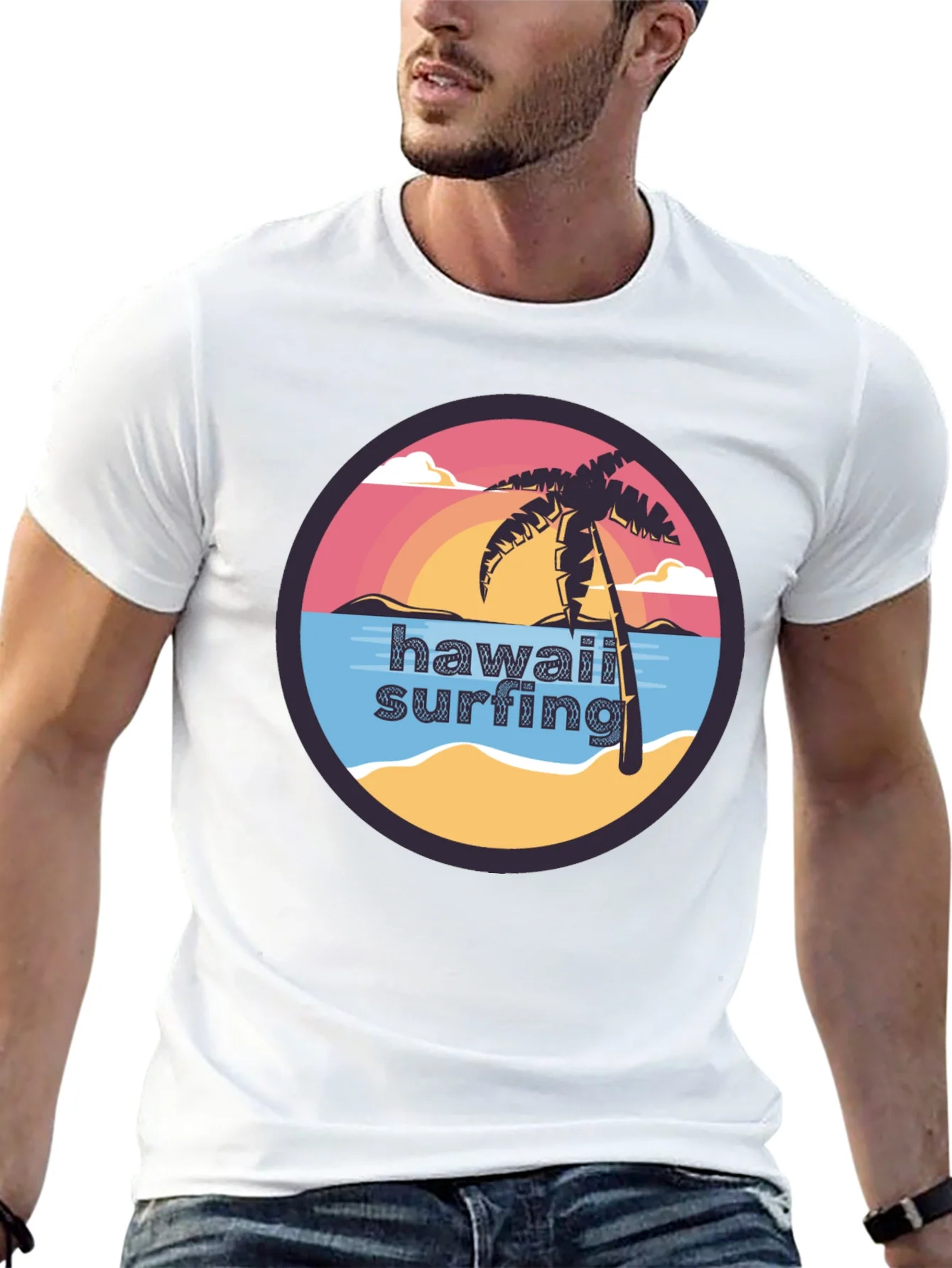 Hawaii Surfing T-Shirt - Tropical Palm Tree Design
