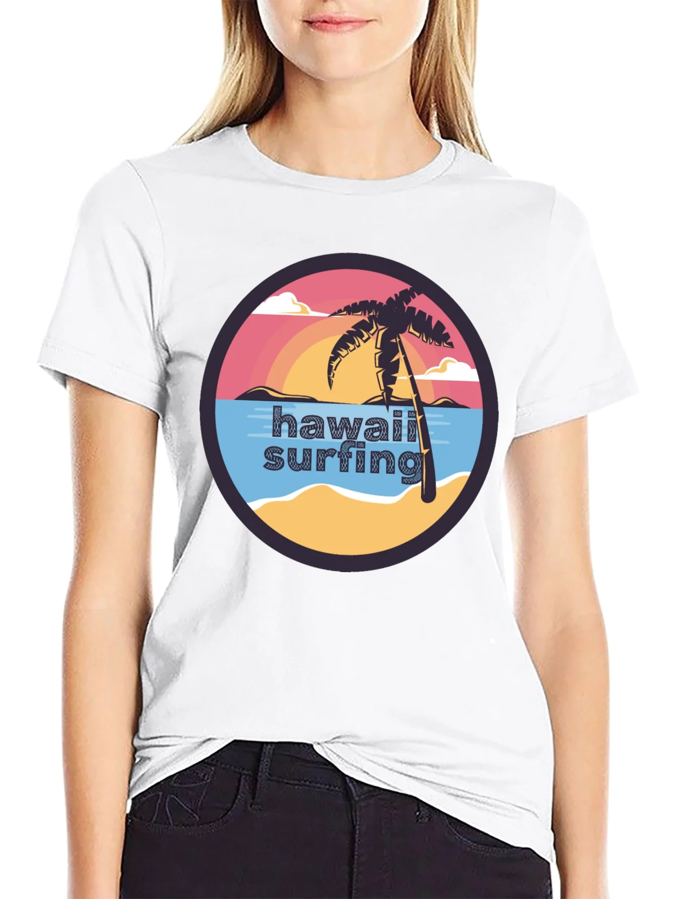 Hawaii Surfing T-Shirt - Tropical Palm Tree Design