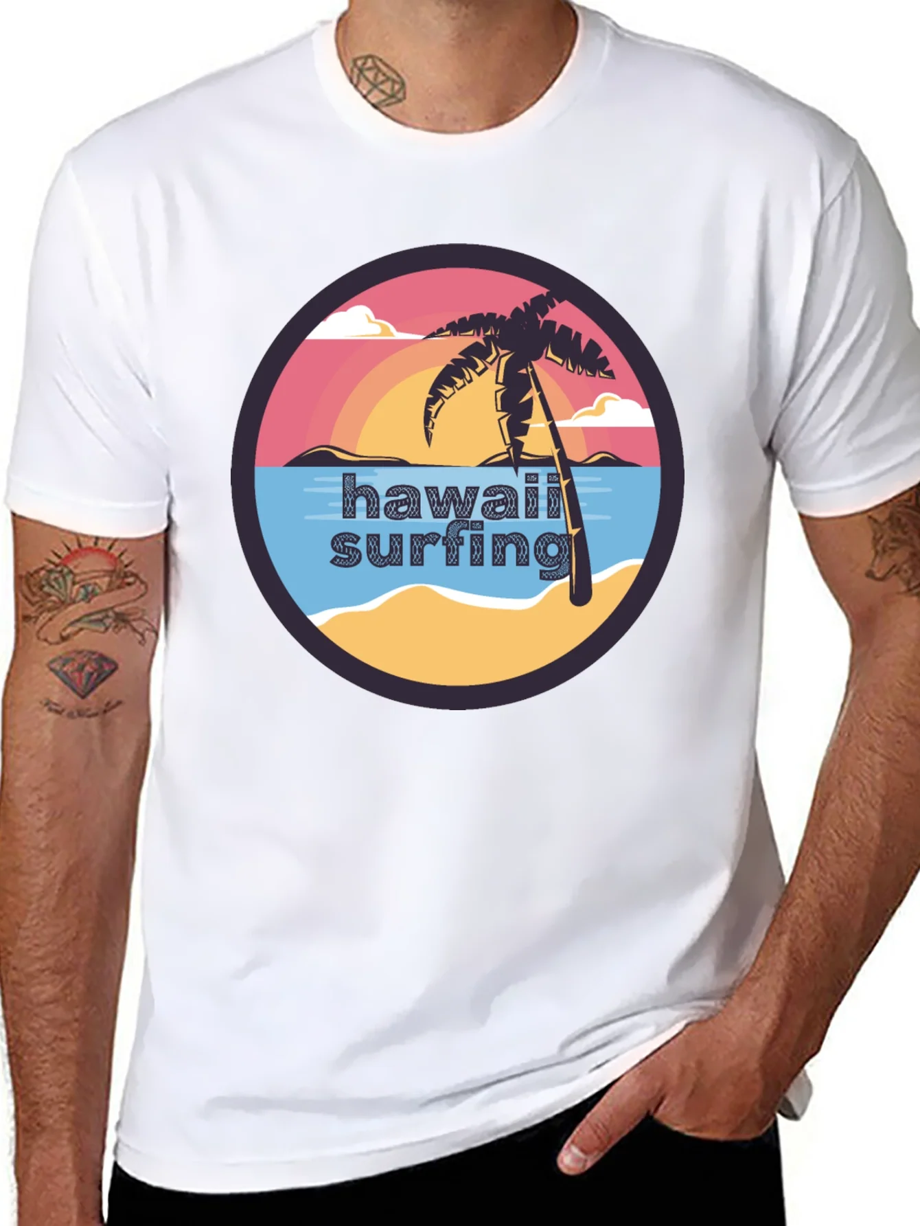 Hawaii Surfing T-Shirt - Tropical Palm Tree Design
