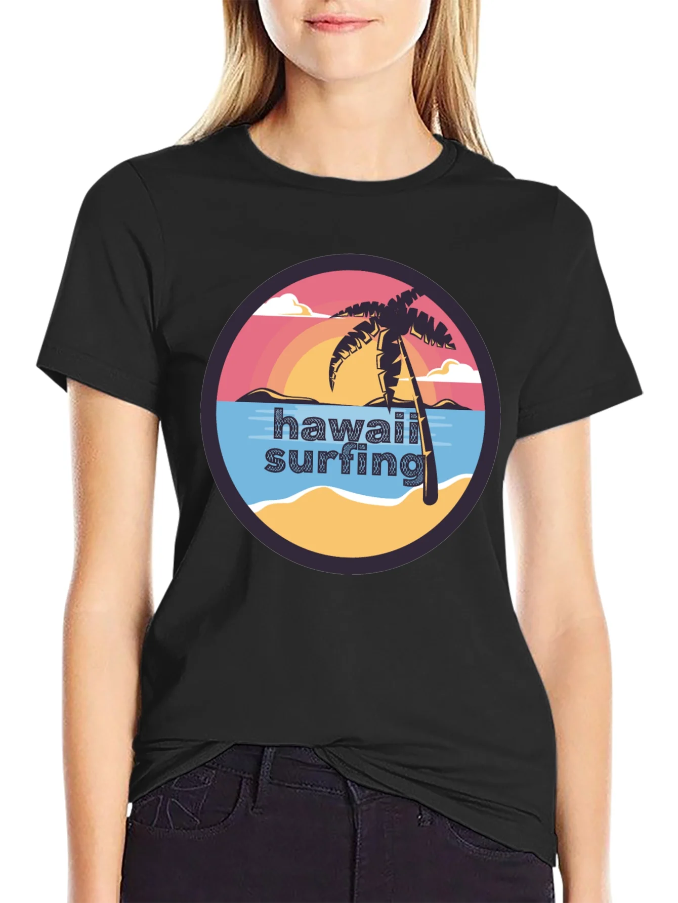 Hawaii Surfing T-Shirt - Tropical Palm Tree Design