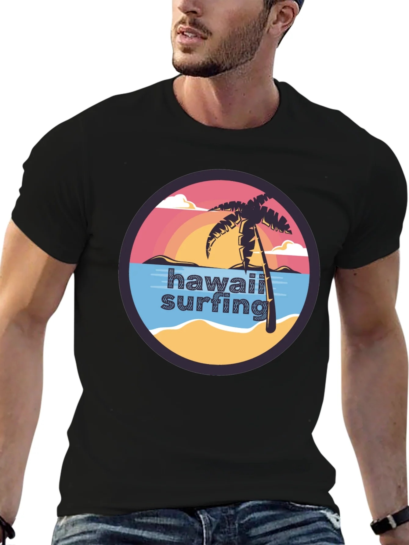 Hawaii Surfing T-Shirt - Tropical Palm Tree Design
