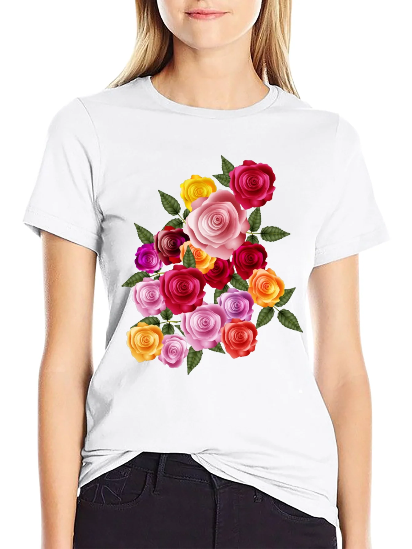 Floral Rose Bouquet Graphic Tee - Black