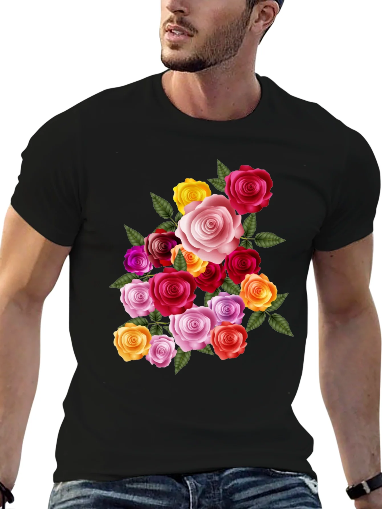 Floral Rose Bouquet Graphic Tee - Black