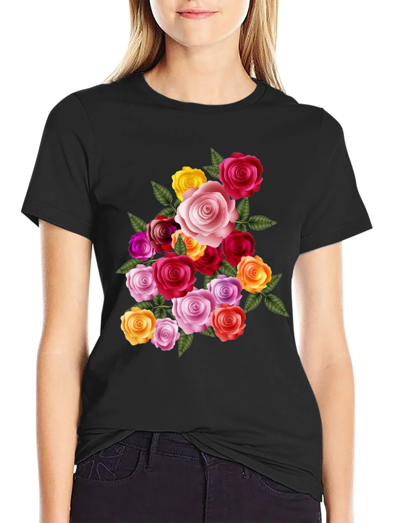 Floral Rose Bouquet Graphic Tee - Black