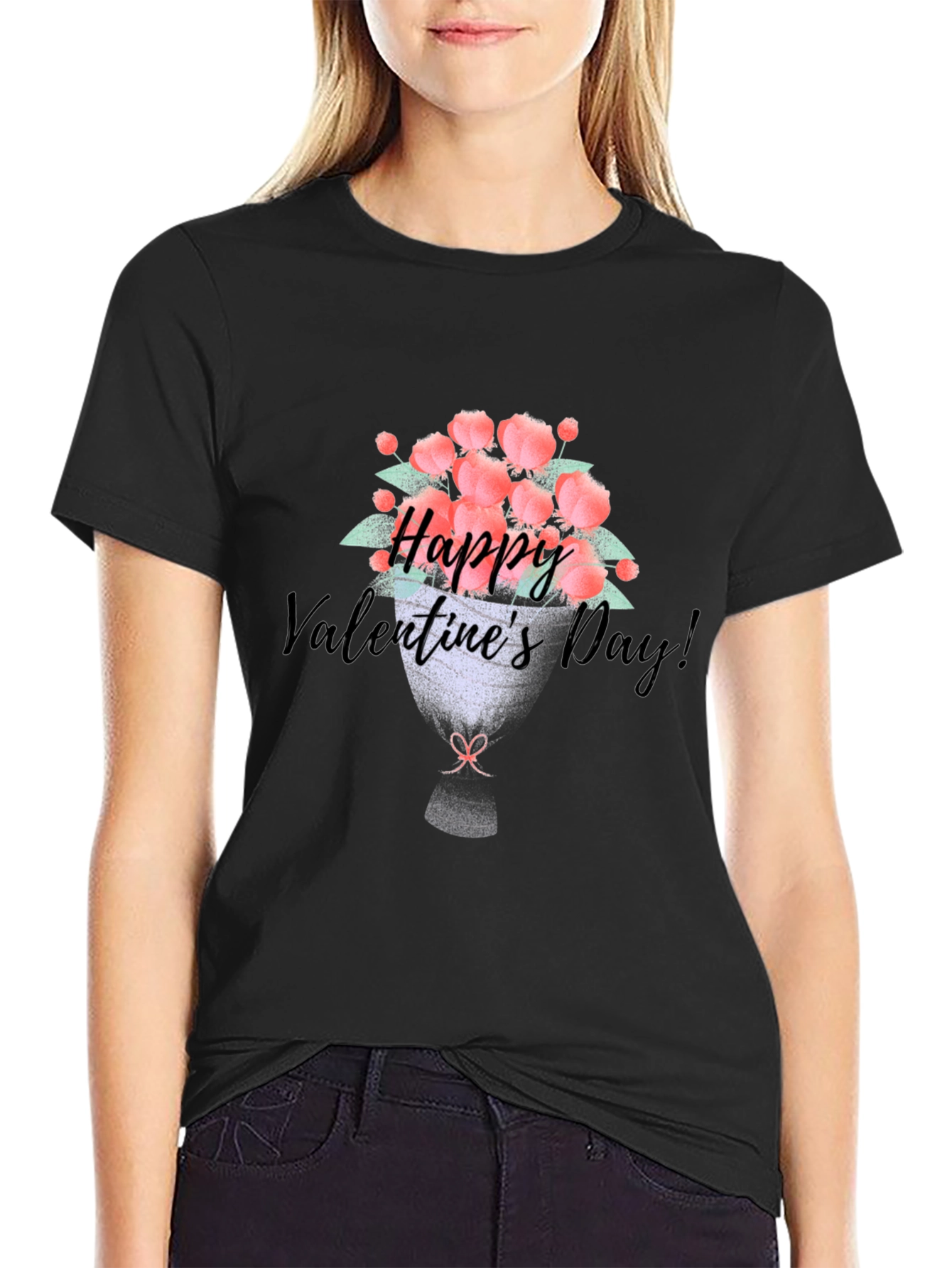 Happy Valentines Day Floral Bouquet Graphic Tee