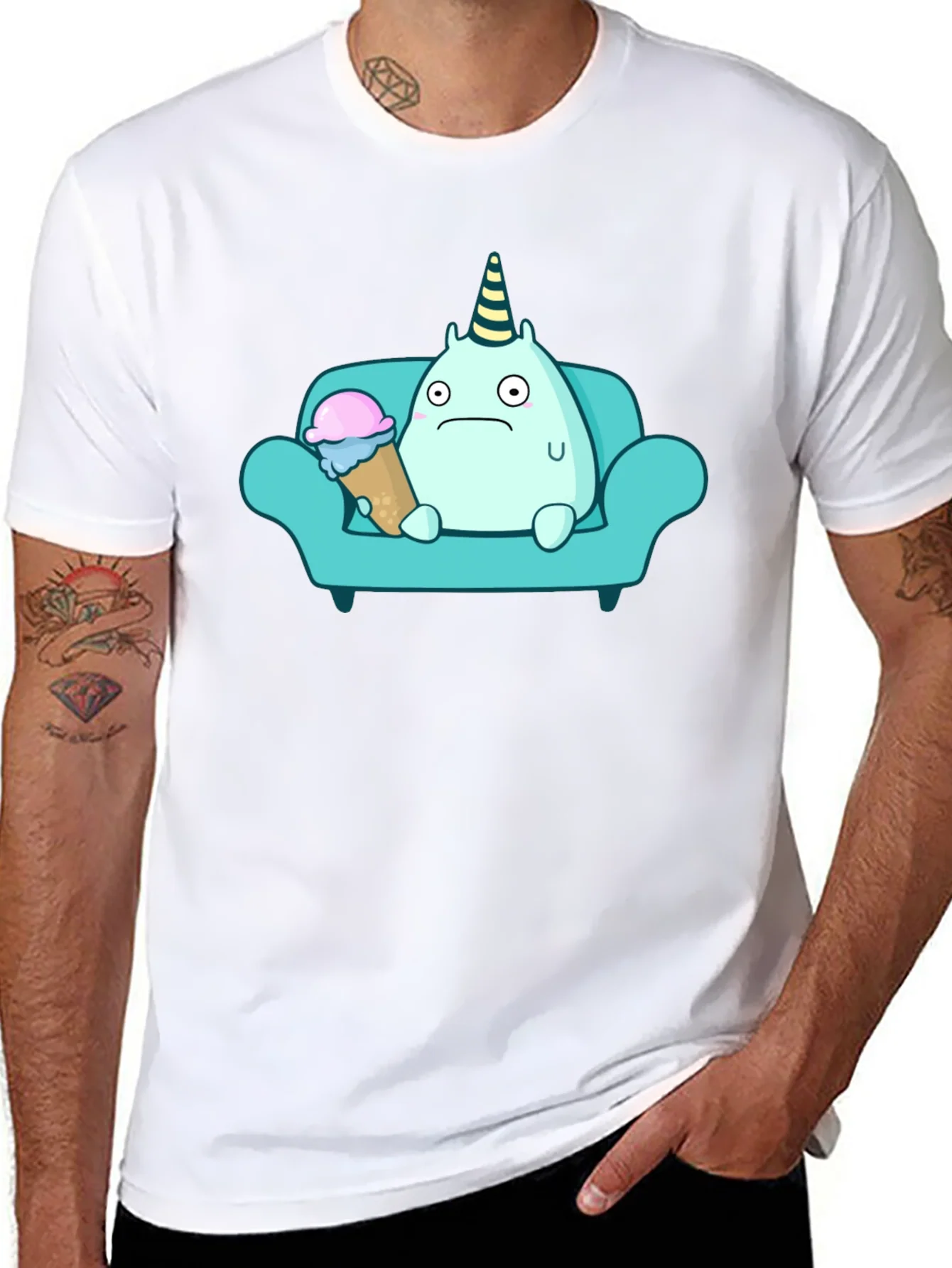 Sad Monster Eating Ice Cream on Couch T-Shirt