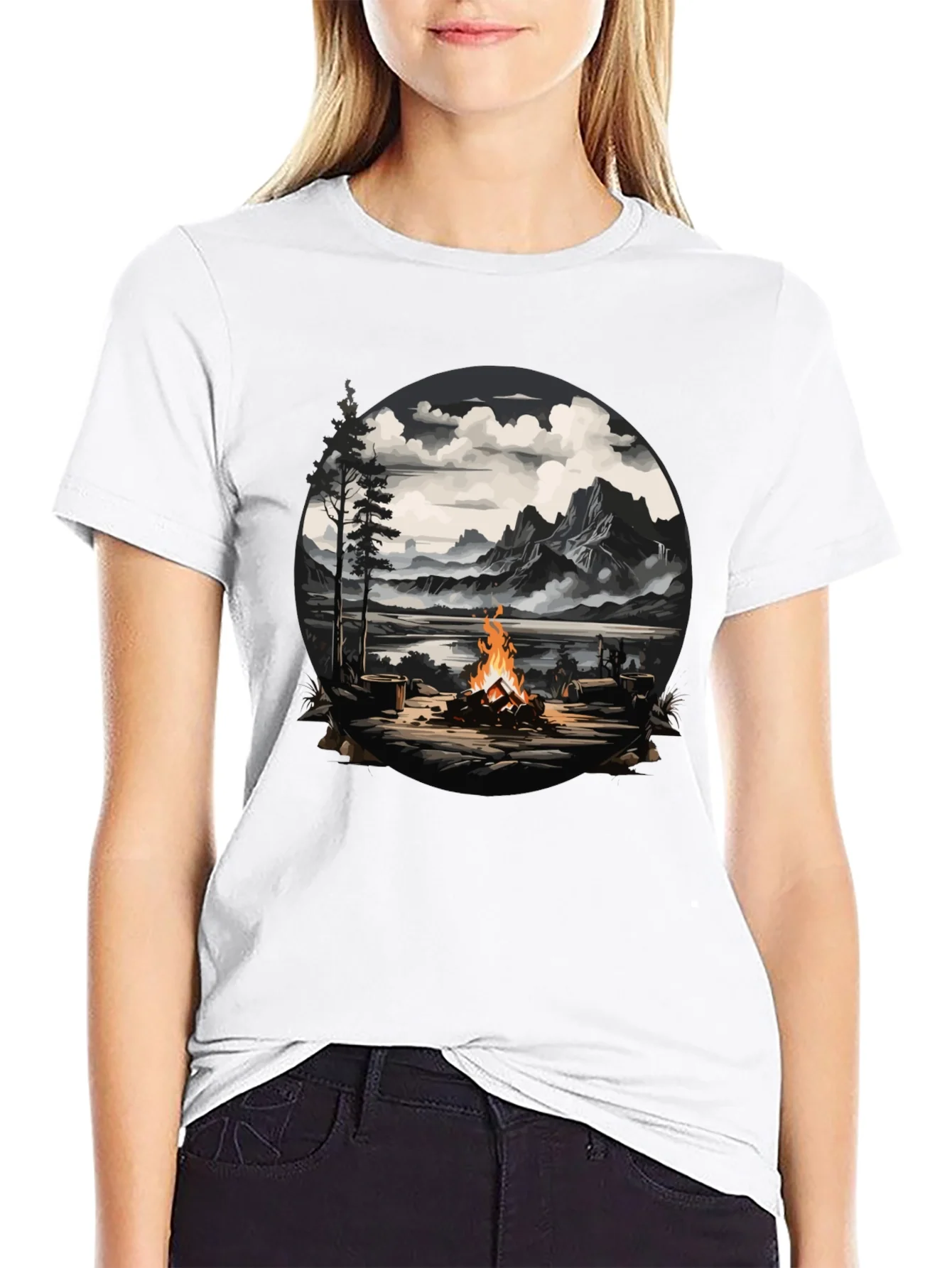 Campfire Graphic T-Shirt: Nature Scene Tee