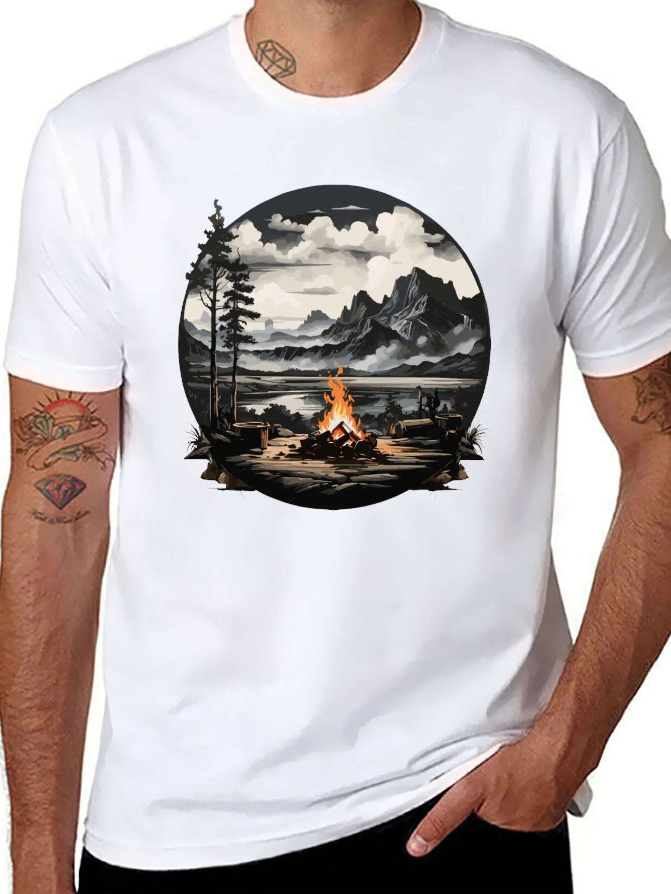 Campfire Graphic T-Shirt: Nature Scene Tee
