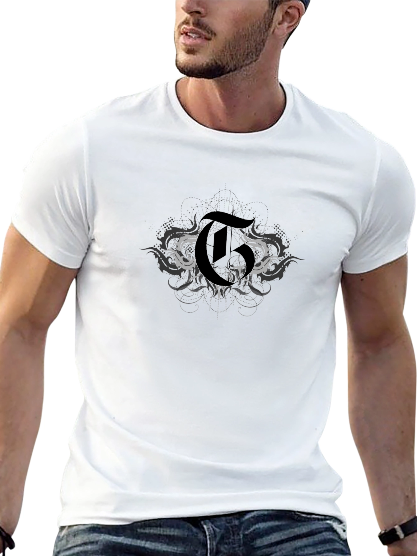 Mens Black Graphic T-Shirt with Gothic Letter Design