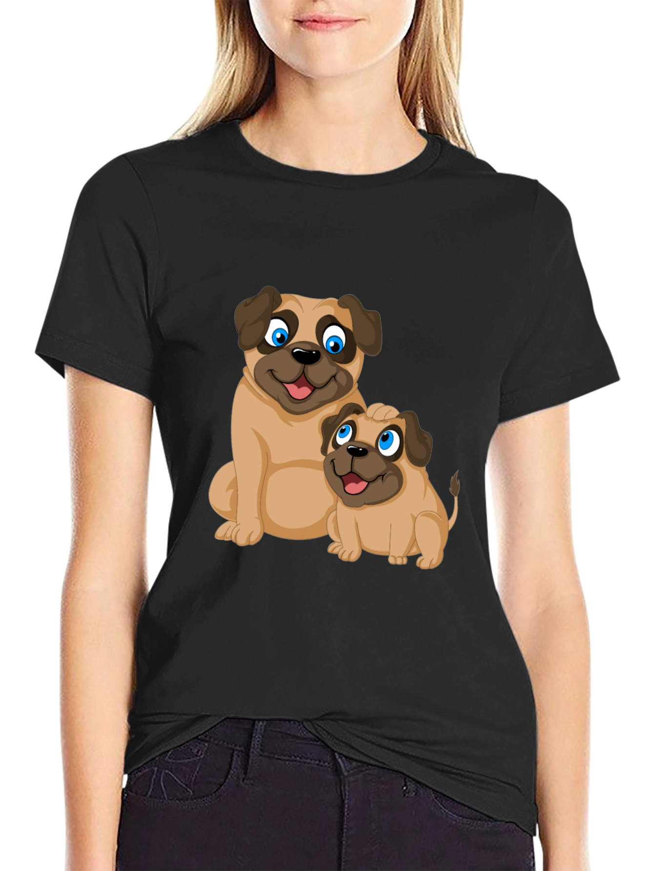 Cute Pug Graphic T-Shirt - Black Casual