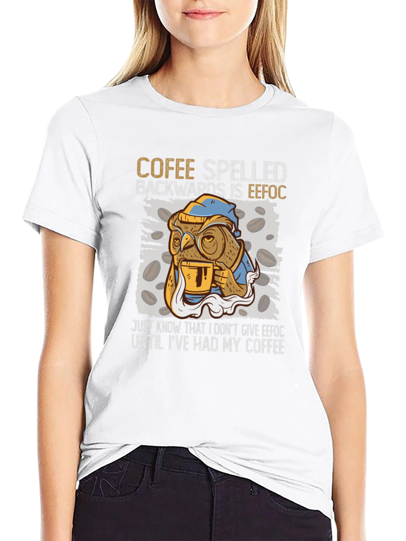 Coffee Owl T-Shirt - Cofee Spelled Backwards Novelty Tee