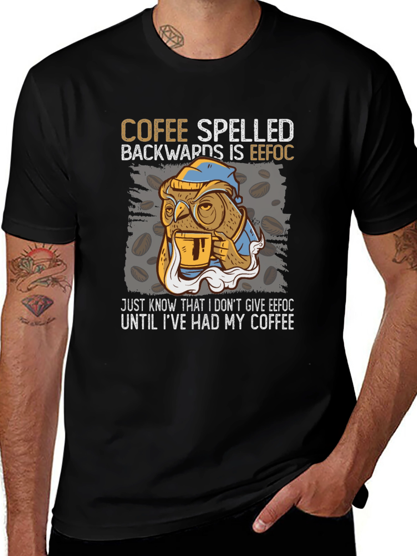 Coffee Owl T-Shirt - Cofee Spelled Backwards Novelty Tee