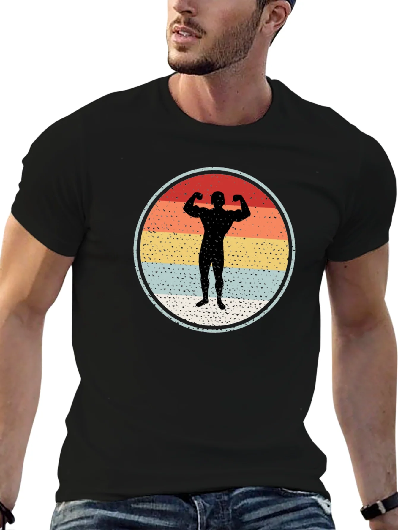 Retro Bodybuilder Silhouette Graphic Tee - Black