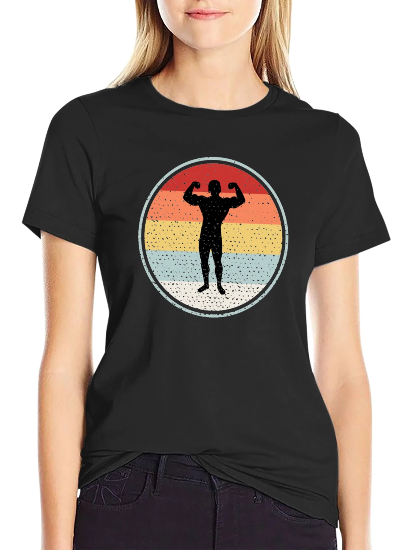 Retro Bodybuilder Silhouette Graphic Tee - Black