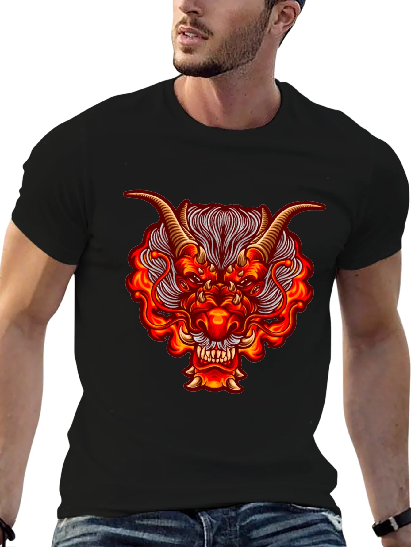 Fiery Dragon Graphic Tee - Bold Black Cotton Shirt