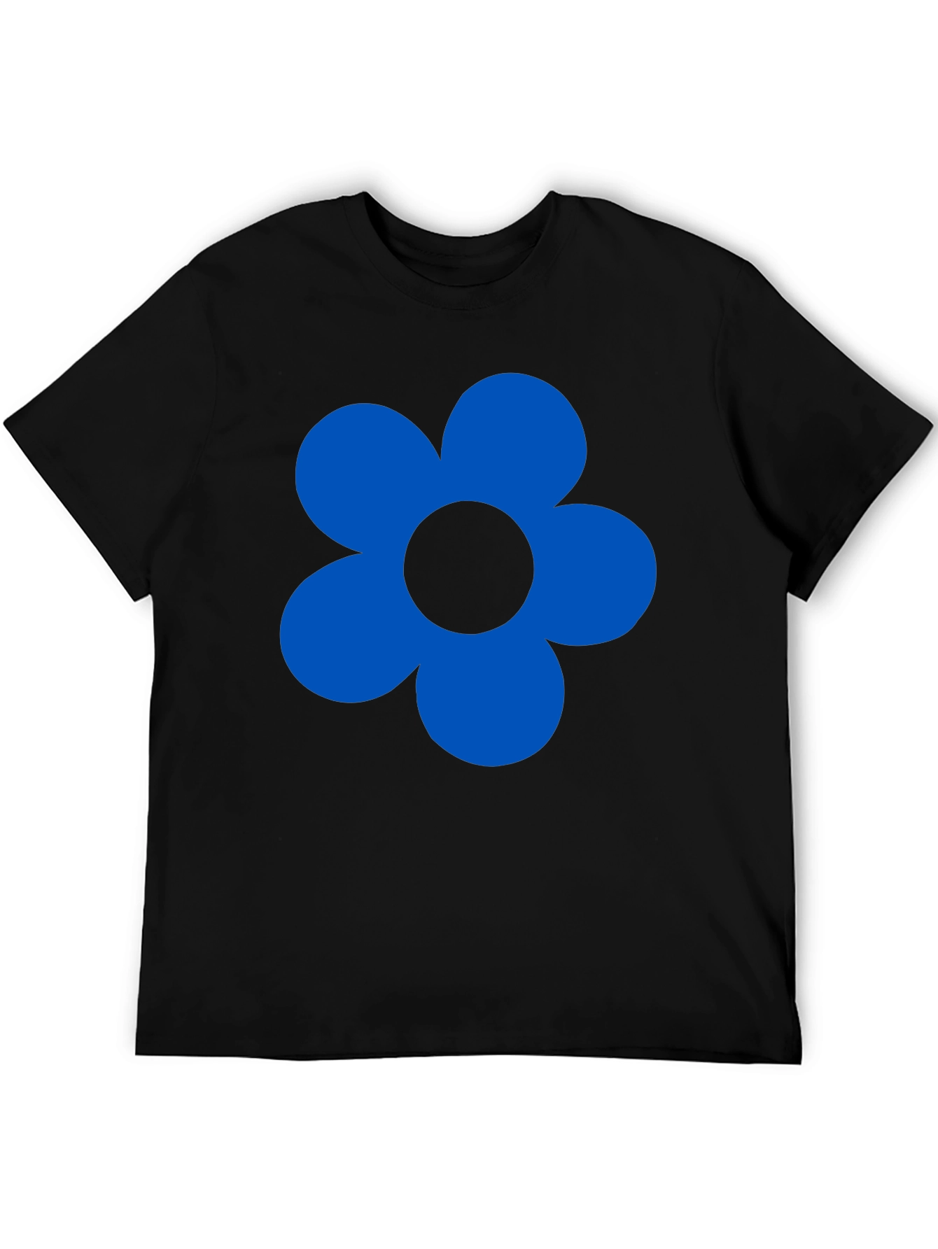 Blue Flower Graphic Black T-Shirt