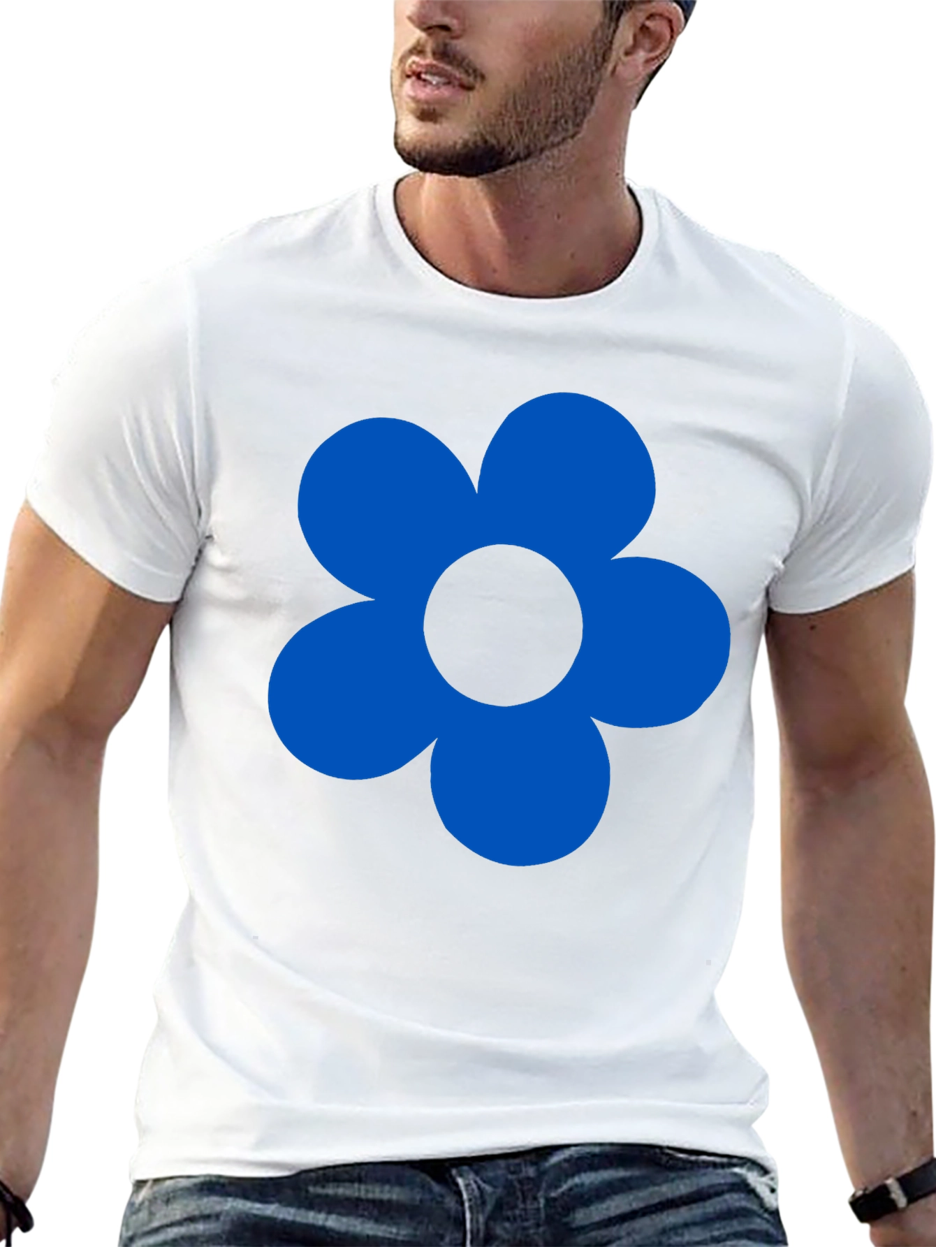 Blue Flower Graphic Black T-Shirt