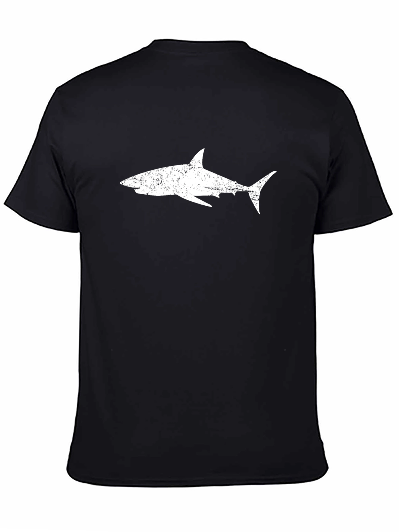 Mens Black T-Shirt with Distressed White Shark Graphic