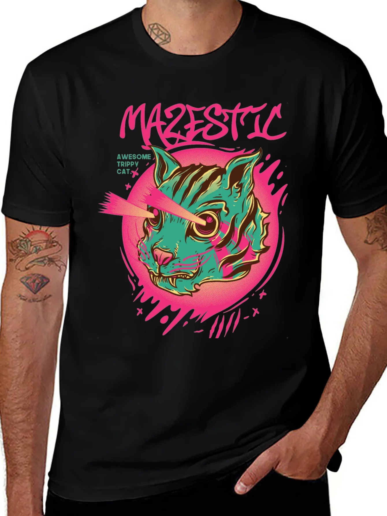 Majestic Trippy Cat Graphic Tee - Laser Eyes!