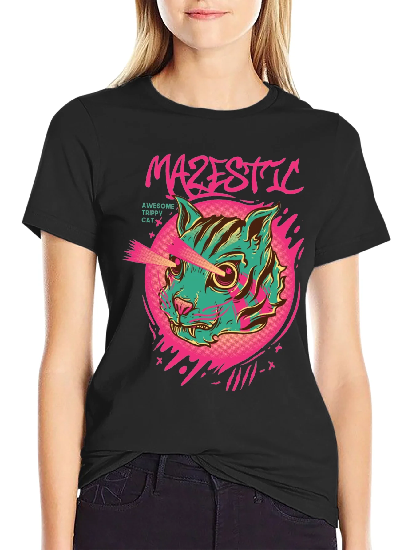 Majestic Trippy Cat Graphic Tee - Laser Eyes!