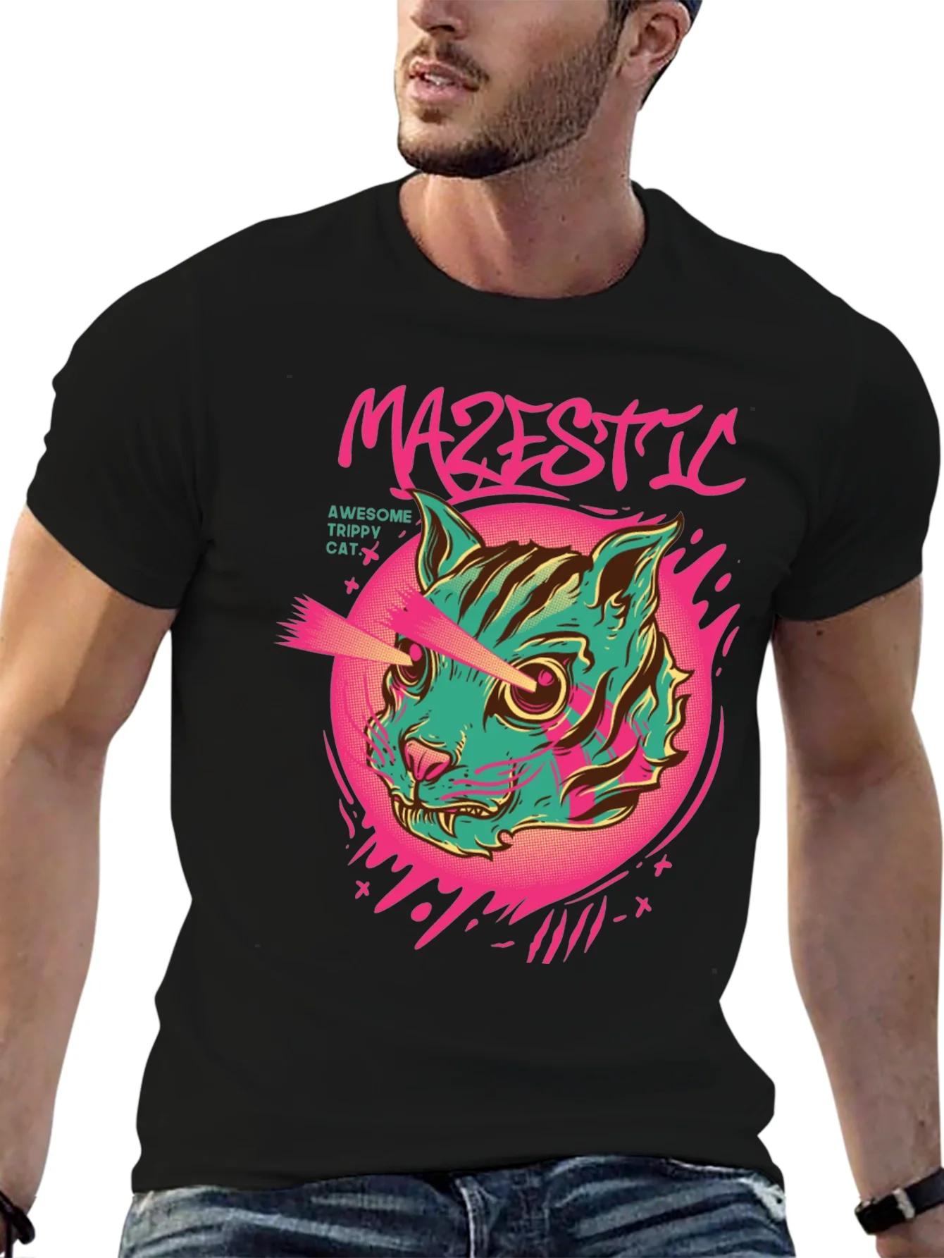 Majestic Trippy Cat Graphic Tee - Laser Eyes!