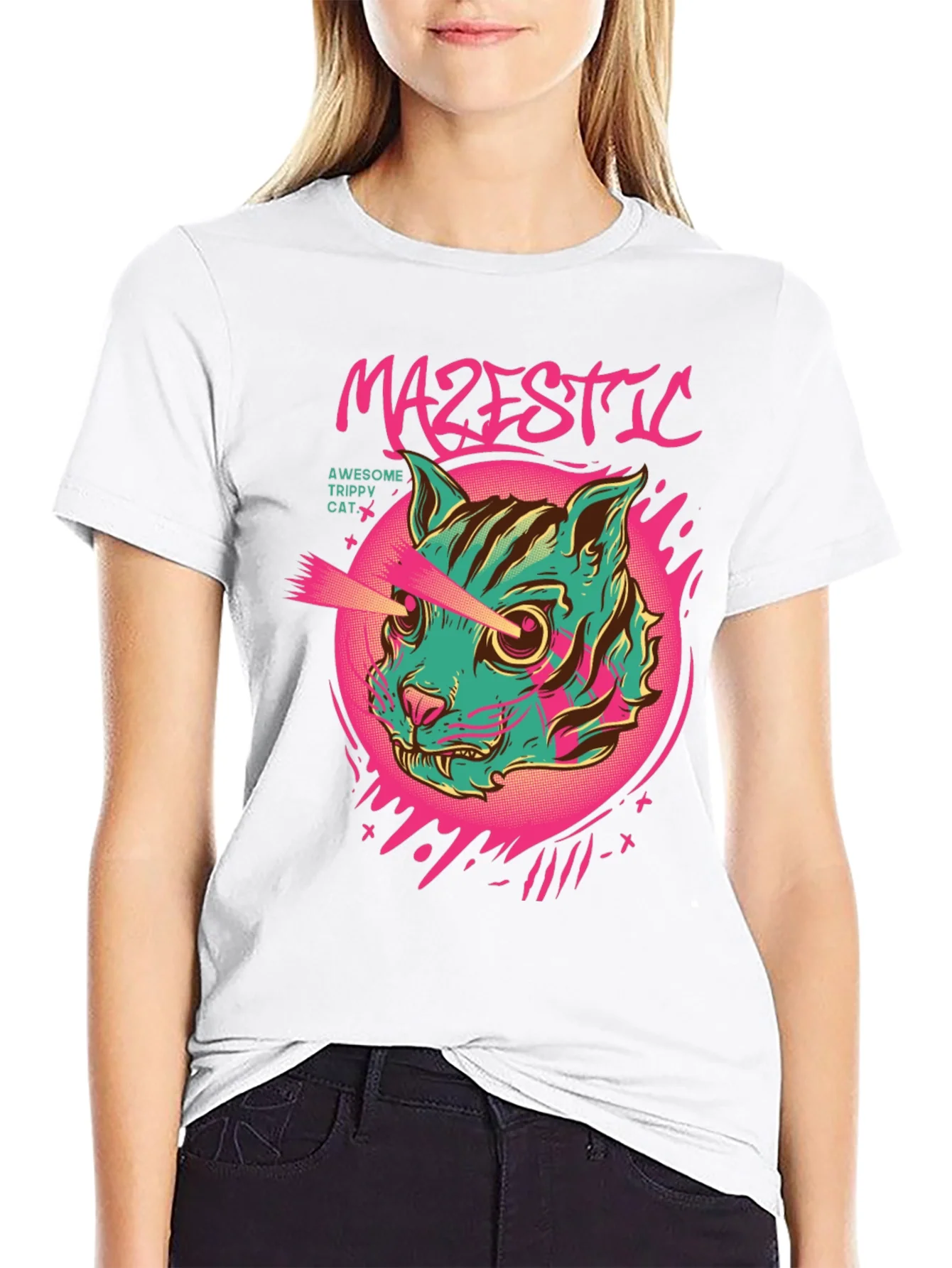 Majestic Trippy Cat Graphic Tee - Laser Eyes!