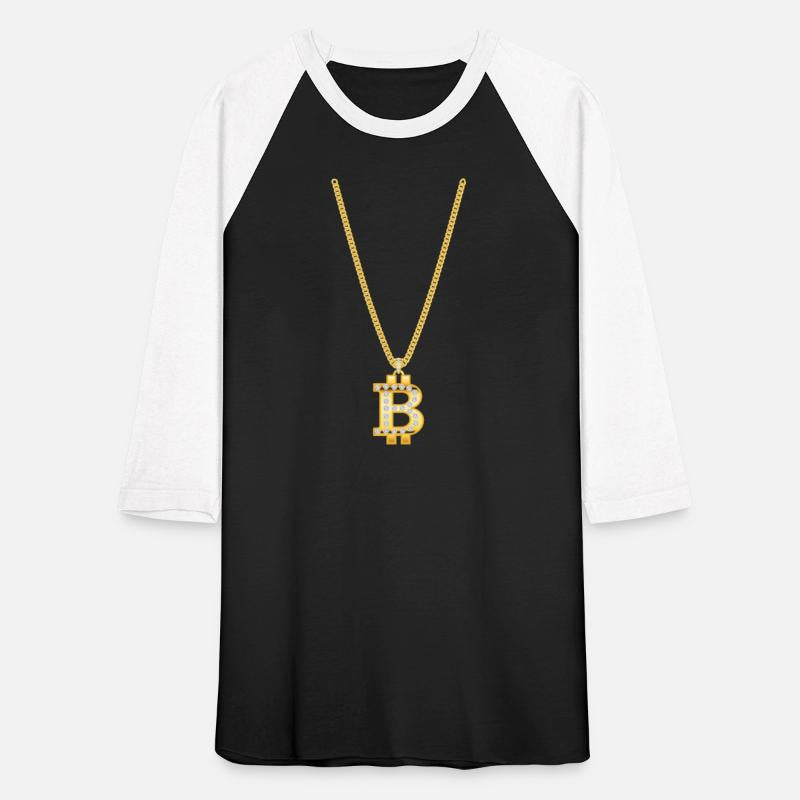 An gold necklace with a gold Bitcoi Symbol set wit